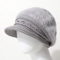 Winter fleece-lined warm grey knit hat with faux rabbit fur top and pearl details - One Size / Gray