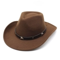 Classic dark brown felt cowboy hat with leather band and silver star studs on white background - M (56-58cm) / Coffee