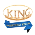 Ensemble couronne dorée KING pour homme avec écharpe bleue Birthday King - Or strass champagne + Écharpe bleu marine texte doré