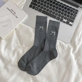Dark grey cotton mid-tube socks with white bow embroidery and ribbed knit texture - One Size / Dark Gray