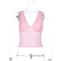 Detailed close-up of pink lace V-neck camisole top on a mannequin with white background - S / Pink