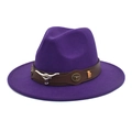 Detail of purple wool felt jazz hat featuring a brown leather band and silver bull head charm - M (56-58cm) / Purple