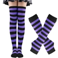Detail of purple and black striped over-knee socks and matching fingerless gloves set - Purple Black Wide Striped Socks and Gloves