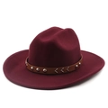 Detail of burgundy wool fedora hat featuring a brown leather band with metal rivets - M (56-58cm) / Burgundy