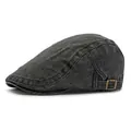 Vintage dark gray washed cotton flat cap with plaid texture and adjustable metal side buckle - Black