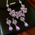 Detail of luxury vintage silver earrings and necklace set with purple teardrop crystals - 19# Purple Stone Necklace Jewelry Set