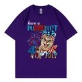 Short sleeve purple t-shirt with American July 4th cat print in a relaxed fit - Purple