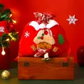 Red velvet Christmas drawstring gift bag featuring a 3D plush gingerbread man figure - Christmas Bell Elk Style