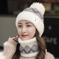 Detail of warm winter knitted beanie and neck gaiter set with white pompom and wave pattern - One Size / Hat and Scarf Set - White