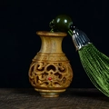 Handcrafted green sandalwood hollow carved vase pendant with red bead and green tassel - Approx. 3.6x2.2cm / Green Sandalwood Vase Bag Style - No Aroma Pill