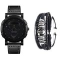 Detail of men's matte black skull watch and braided leather bracelets set on white background - Black / Watch+Bracelet