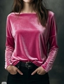 Detail of pink velvet top with boat neck design and premium textured fabric shine - S / Tops / Pink