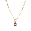 Gold paperclip chain necklace with a pink pave zircon rectangle heart pendant - Heart/Gold/Gun-Black/Rose-Red Zircon / Gold Gun-Black Rose-Red Zircon Heart