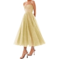 Sparkling gold sequin cami prom dress with corset bodice and flowing A-line skirt - US size 2 (S) / Bottoms / Yellow