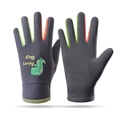 Gray kids ski gloves with green accents and dinosaur print for winter outdoor sports - Dinosaur Gray Green