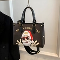 Borsa tote nera con stampa Babbo Natale e ampia tracolla con dettagli in oro metallo - Cachi