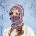 Winter balaclava hat in dark purple knit with ear flaps and warm faux fur lining - Purple