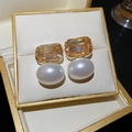 Retro 18k gold plated earrings featuring champagne crystals and elegant pearls - Gold White Pearl Retro Rectangle Style (56#)