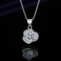 Silver petal pendant necklace with round clear zircon on a black reflective surface - Xl-146 [comes With Box And Chain]