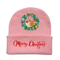 Detail of pink knitted beanie featuring Merry Christmas text and festive wreath print - Pink-Style D