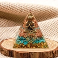 Orgone pyramid with Buddha statue, turquoise stones and copper flakes on wood base - 5cm / Style 6