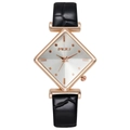 Elegant women's square quartz watch with rose gold case and black leather strap - White Dial Black Strap