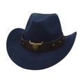 Detail eines dunkelblauen Filz-Cowboyhuts mit geprägtem Stierkopf auf dem Bronzeband - Einheitsgröße / Marineblau (Goldener Stier)