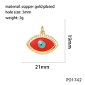 Macro detail of red and blue enamel evil eye pendant with cubic zirconia and dimensions - P01742 Medium Rhinestone Red Eye