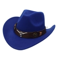 Detail of royal blue felt cowboy hat featuring a leather band with silver bull head ornament - Sapphire Blue