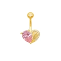 Pink heart-shaped gemstone belly ring with golden angel wings and white crystal accents - Gold Pink Heart Wing Belly Stud (BR24082302G)