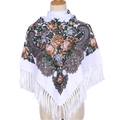 Ethnic style white square scarf with orange rose prints and white fringe edges - White Khaki