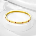 Detailed close-up of 18k gold plated bangle with red zircon stones on display stand - 4mm / Gold-Red Zirconia