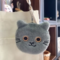 Detail of plush cat coin purse with embroidered face and silver bead chain attachment - Approx. 10cm / Gray