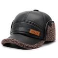 Gorra de béisbol de invierno en cuero negro con orejeras de forro polar marrón - Piel Color Café