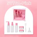 Pink 7-piece travel bottle set with spray and pump bottles in a clear PVC bag - SY761-Pink (80ml Empty Bottle + Cream Jar Set)