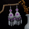 Bohemian style long drop earrings with purple beads and silver feather tassels - Purple(E3672)