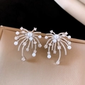 Silver drop earrings with white pearls and sparkling zircons in a firework shape - 60# Firework Pearl Silver (60# Silver Pin-Silver-Firework)