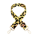 Detail of adjustable leopard print nylon bag strap with gold metal buckles and swivel hooks - Silver Clasp / Yellow Leopard