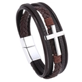 Multilayer braided leather bracelet for men featuring a metal cross and magnetic clasp - Coffee/Silver Accessories