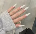 Gedetailleerd zicht op crèmewitte matte stiletto plaknagels op een hand - Crèmewit Mat Zachte Toon Stijl (AW282)