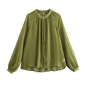 Groene chiffon damesblouse met lange mouwen, opstaande kraag en plooi-details - XS / Olijfgroen