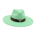 Mint green wide brim felt fedora hat featuring a silver bull head pendant and leather band - Mint Green