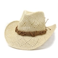 Hohler Sommer Strohhut im Western-Cowboy-Stil mit Ethno-Band und breiter Krempe - M(56-58cm) / Beige
