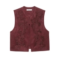Gilet mode bordeaux en daim avec broderie florale détaillée de style minimaliste - XS / Rouge Foncé