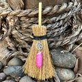 Detail of mini witch broom car charm with pink crystal and silver pentagram on wood - Pentagram with Rose Crystal