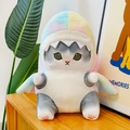 Rainbow shark costume plush cat toy with green embroidered eyes in a home setting - Tie-dye Shark Grey Cat / 25cm
