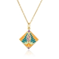 Macro detail of geometric rhombus pendant with colorful enamel leaves and gold chain - 22528/Orange Blue Purple Enamel/Rhombus
