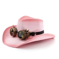 Pink steampunk cowboy hat featuring vintage goggles with metallic gear and spike accents - M(56-58cm) / White Pink Spray