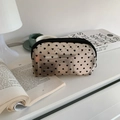 Detailed view of heart-print mesh cosmetic bag featuring a secure black zipper closure - Medium Semicircle Bag