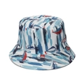 Blue and white nautical bucket hat with red sailboat pattern for sun protection - Blue White Sailboat